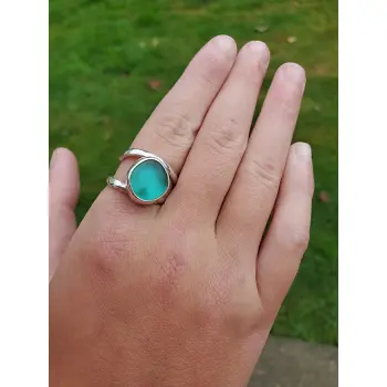 Fine Silver Sea Glass Ring Adjustable from size 4 to 11. Gorgeous blue green color.